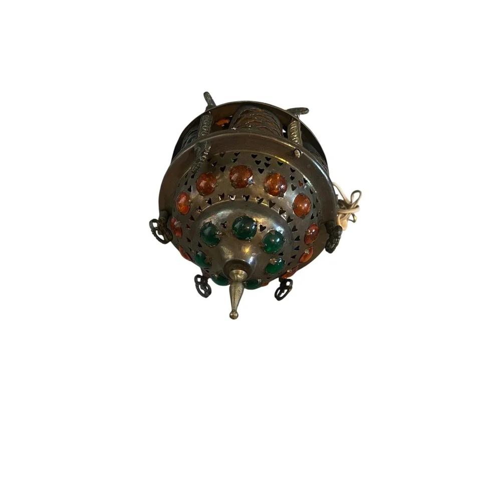 Vintage Moroccan Brass Jeweled Lantern Hanging Swag Lamp Colorful Glass Cabochon